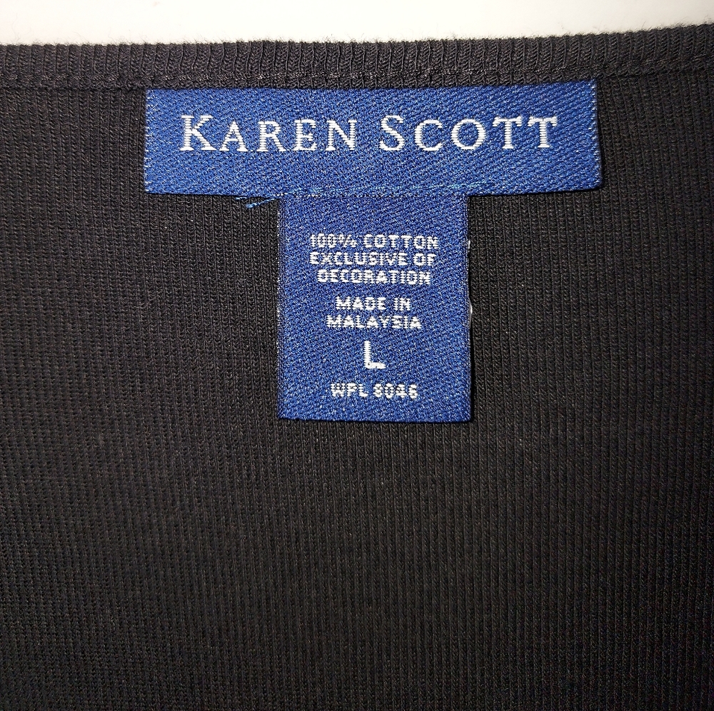 Karen Scott Black Embroidered Tribal Design 3/4 Sleeve Bib Top Size Large - Picture 5 of 6